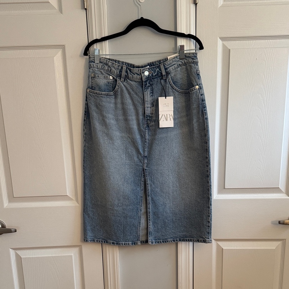 Zara Classic Blue Denim Midi Skirt